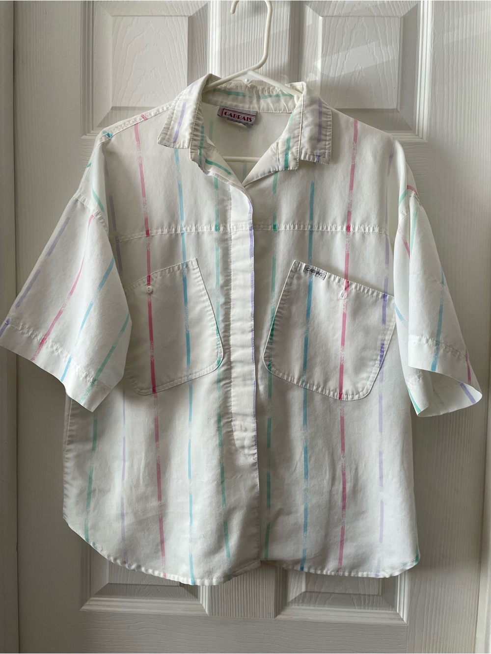 Vintage 80’s Short-Sleeve Button-Front Shirt in White with Pastel Stripes